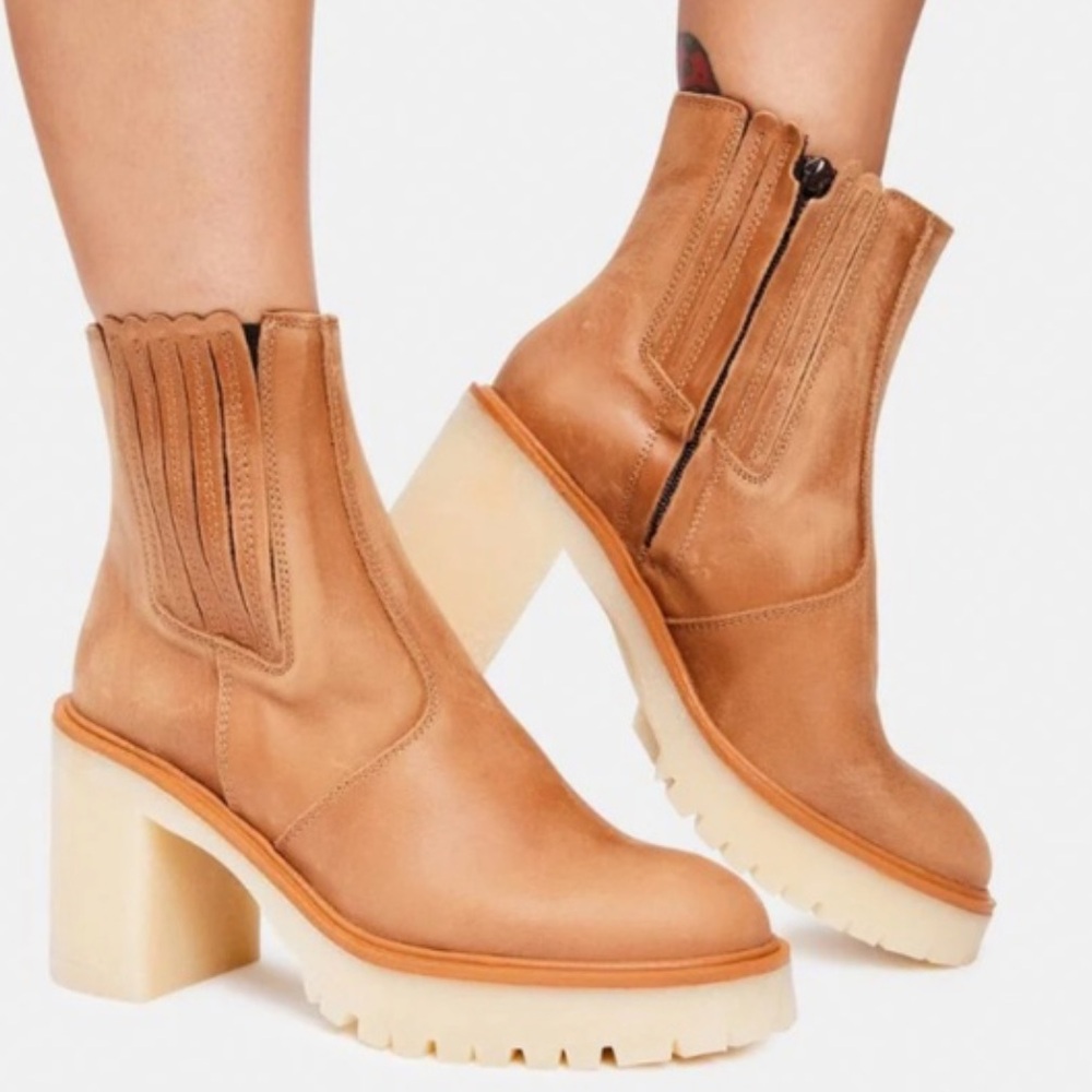 Free People Chunky Heel Tan Leather Boots